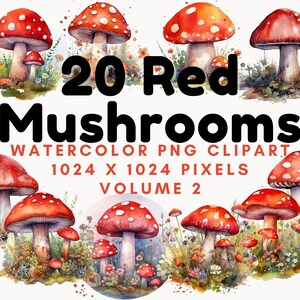 Watercolor Digital Art Red Mushrooms 20-Pack, 300 DPI, 1024 x 1024 pixels, Transparent Background - Volume 2, PNG Files, Red Fungi Art