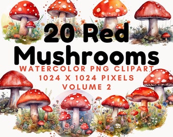 Watercolor Digital Art Red Mushrooms 20-Pack, 300 DPI, 1024 x 1024 pixels, Transparent Background - Volume 2, PNG Files, Red Fungi Art
