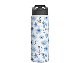 Snowy Blue Flowers Stainless Steel Water Bottle | Eco-Friendly, Reusable, Perfect for Gym, Hiking,Travel,Winter Floral Birthday Gift for Her