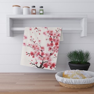 Japanese Cherry Blossom Tree Kitchen Towel, Cotton Tea Towel with a Watercolor Design, Pink Flower Hand Towel, Floral Pink Hostess Gift, v4
