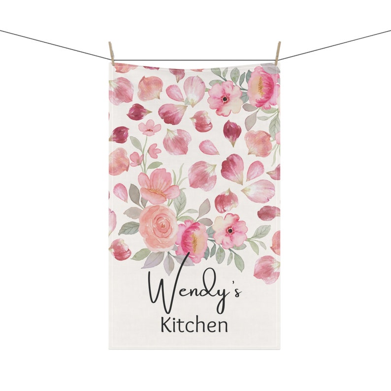 Pretty Custom Cursive Name Cotton Rose Kitchen Towel, Floral Kitchen