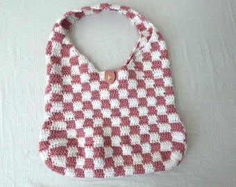 Handmade Checkered Tote Shoulder Bag with Clasp Lock, Made with 100% Cotton Yarn, Reusable Book Bag, Grocery Shopping Bag,Student School Bag