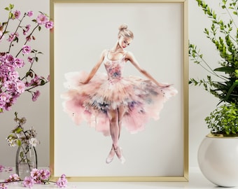 Ballerina Watercolor Wall Art, Girls Bedroom Decor, Baby Girl Nursery, Pink Watercolour Ballerina Print, Stylish Ballet Dancer Poster, A9