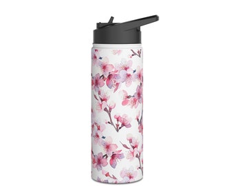 Floral Reusable Water Bottle Flask for Women, Pink Flower Blossom Design, Cute Girls Water Flask, School Water Bottle, Free Shipping, vL