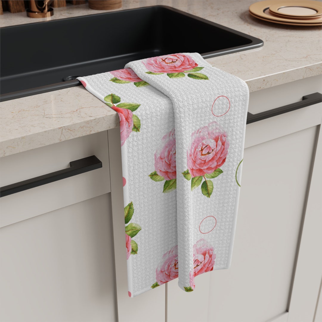 Rose Tea Towel, Kitchen Dishcloth, Pink Rose Towel, Flower Pattern Towel, Floral Kitchen Towel