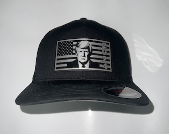 Trump 2024- American Flag- Leatherette Patch Hat - Structured FlexFit Trucker Netted Cap