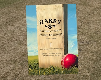 May include: A birthday party invitation featuring a cricket theme. The invitation has the text "HARRY 8 BIRTHDAY PARTY" with the date and time. A red cricket ball rests on the grass next to the invitation.