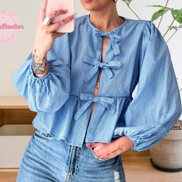 Women Plaid Bow Lace Up Shirt, Loose Round Neck Puffy Blouse, Fashion Long Sleeve Short Top, Elegant Womans Street Blouse