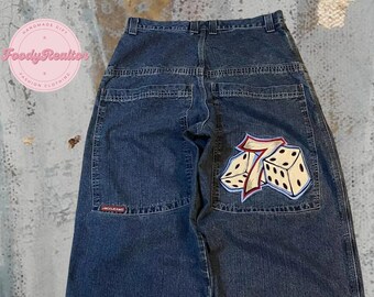 Hip Hop Number 7 Pocker Embroidered Pants High Waisted Wide Leg Jeans Women Harajuku Street Casual Loose Pants Sweatpants