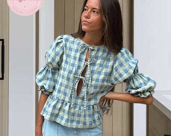 Women Plaid Bow Lace Up Shirt, Loose Round Neck Puffy Blouse, Fashion Long Sleeve Short Top, Elegant Womans Street Blouse
