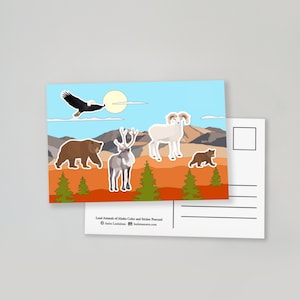Kleur- en stickerpostkaart en stickervel landdieren van Alaska