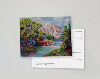 Cartolina con scena di montagna e cascata