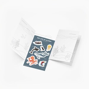 Cartão para colorir e adesivos Sea Life of Alaska e folha de adesivos