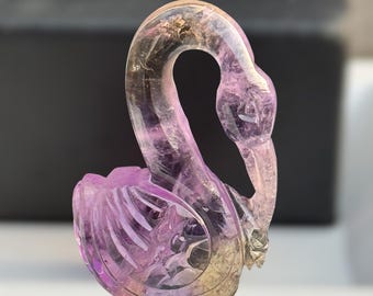 Hand Carved Purple Ametrine Swan Sculpture | Natural Figurine | Healing Crystal Bird Carving | Collectible Gemstone