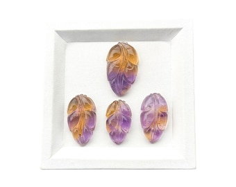 Natural Ametrine Carved Leaf Cabochon Set, Purple & Golden Gemstone Carving, Ametrine Flower Cabochons, Jewelry