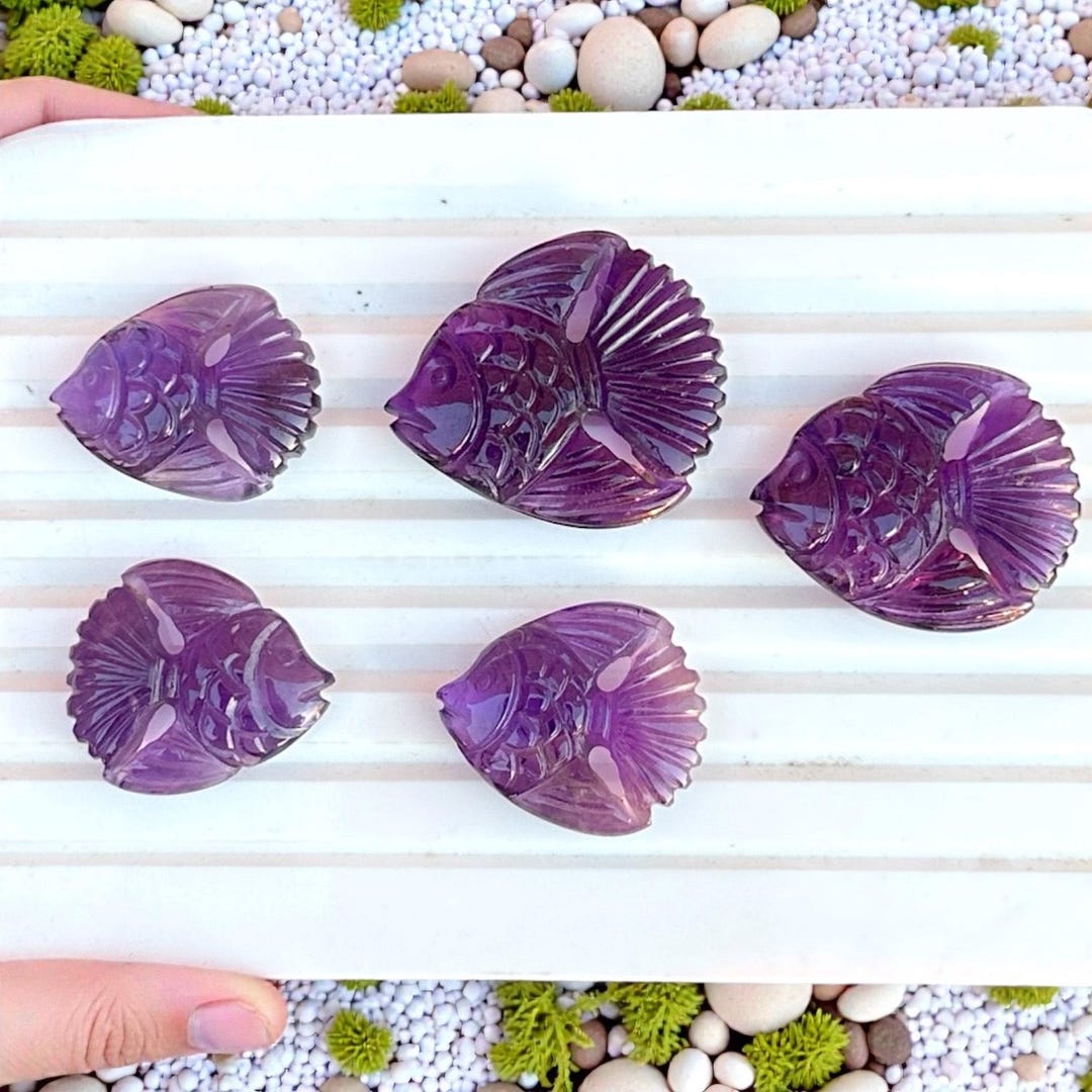 Natural Amethyst Fish Carving Set, Purple Crystal Tropical Fish ...