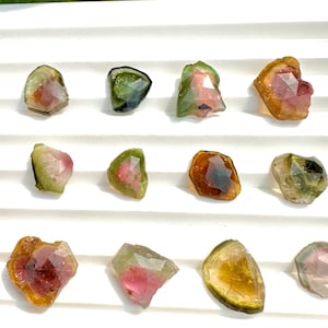 Pode incluir: Uma coleção de doze pequenas gemas facetadas multicoloridas. As gemas são de vários tons de verde, rosa e marrom.