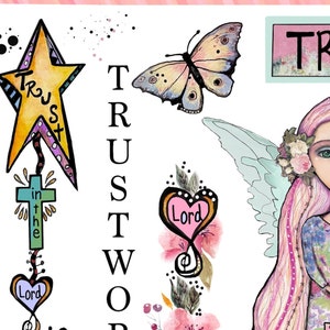 Pode incluir: Uma ilustração em aquarela de uma fada com cabelo rosa e um vestido azul. A fada está segurando uma estrela com a palavra "TRUST" escrita nela. O fundo inclui uma borboleta, um coração com a palavra "Lord" escrita nele e a palavra "TRUST" escrita verticalmente.