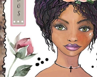 May include: A digital illustration of a woman with dark brown curly hair wearing a floral crown. She has brown skin, green eyes, and a light pink lip. She is wearing a silver necklace with a cross pendant. The background is white with a pink and gray rectangle with the word "THINGS" written in black.