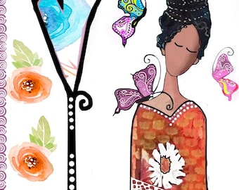May include: A digital illustration of a woman with brown skin and black hair wearing a red and orange patterned dress. She has a purple butterfly on her shoulder and there are three other butterflies in the background. The butterflies are pink, purple, and blue with black outlines.