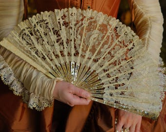 Carved Mother of Pearl & Antique Lace Hand Fan Victorian Style Rococo