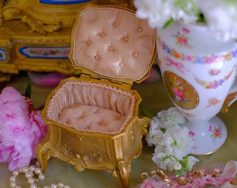Antique French Napoleon III Footed Regule Jewelry Box , Trinket or Chest, tufted silk, Rococo