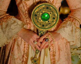 Antique E&JB Empire Art Gold Vanity Set Jeweled Emerald Hand Mirror Jewelry Box