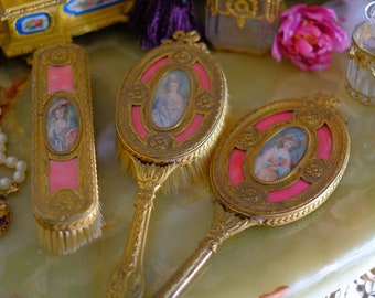 Antique French Vanity Set Hand Mirror Guilloche Pink