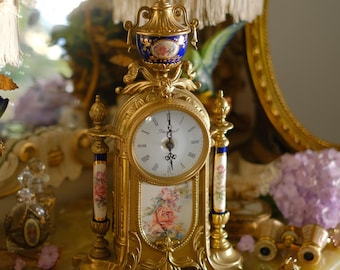 Rare 1960s Italian Gilt Porcelain Clock, Vintage Rococo Floral Mantel Decor, Imperial Clock