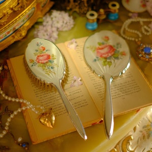 Antique Silver Guilloche Floral English Vanity Set Hand Mirror Hand Brush