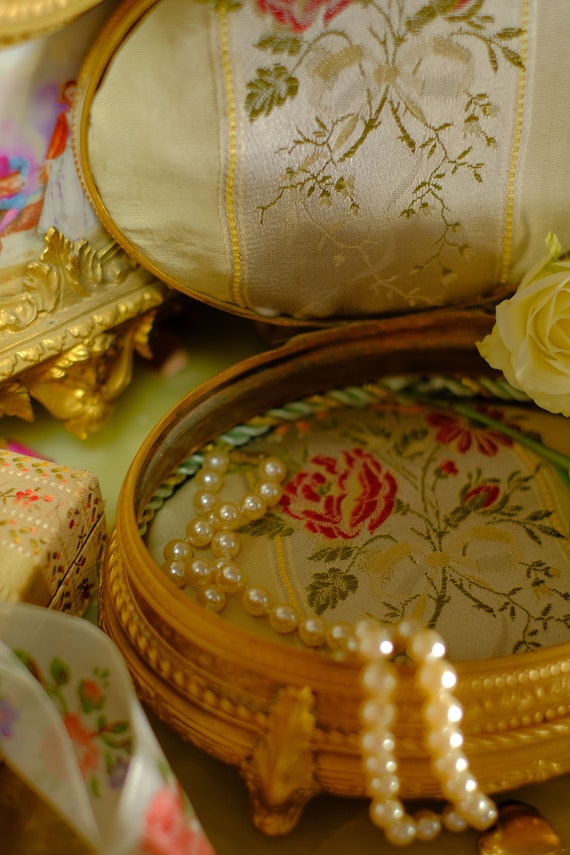 Antique French Brass Jewelry Box Casket Portrait Gem