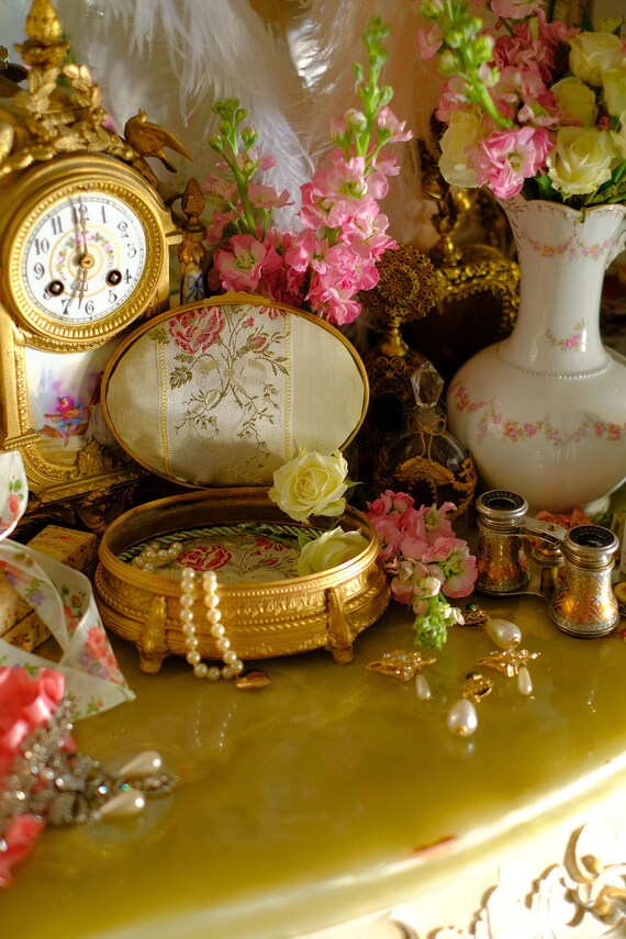 Antique French Brass Jewelry Box Casket Portrait Gem