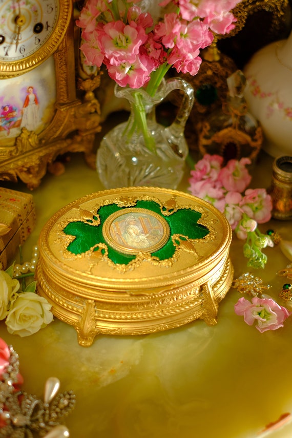 Antique French Brass Jewelry Box Casket Portrait Gem
