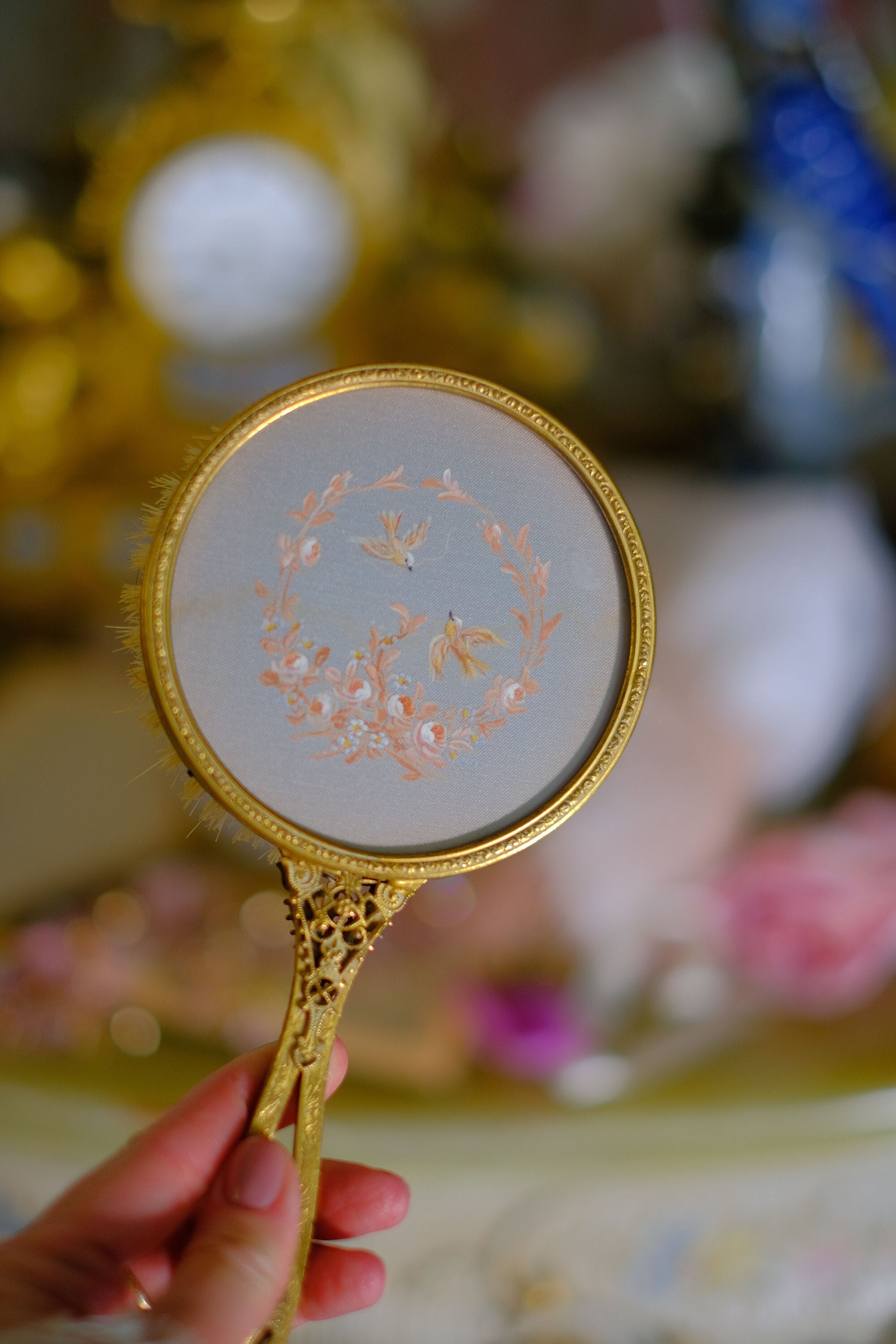 Antique Hand Painted Silk Vanity Set: Hand Mirror \u0026 Brush - Etsy, image size:2000x3000