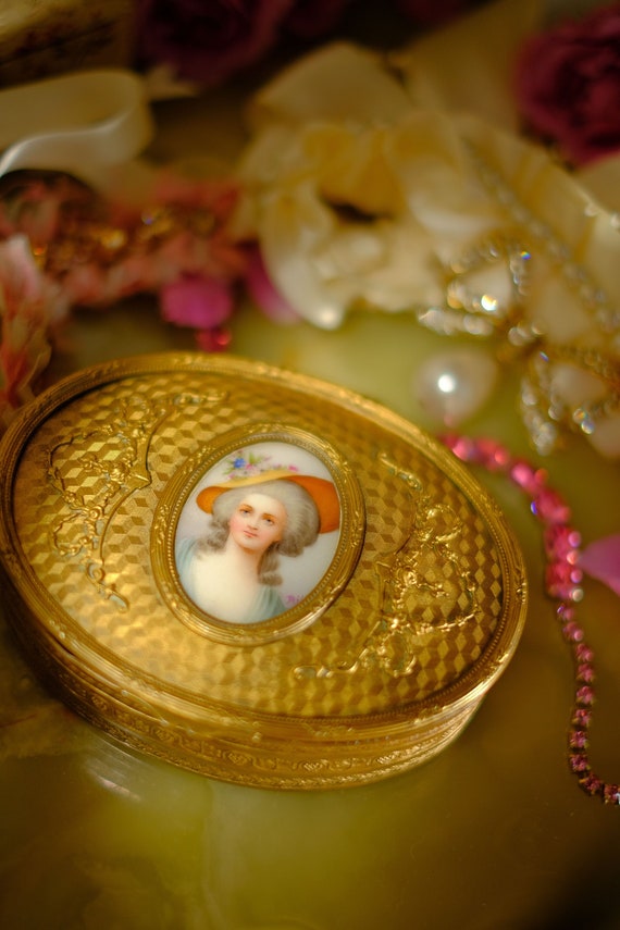 Antique French Jewelry Box Enamel Portrait - image 1