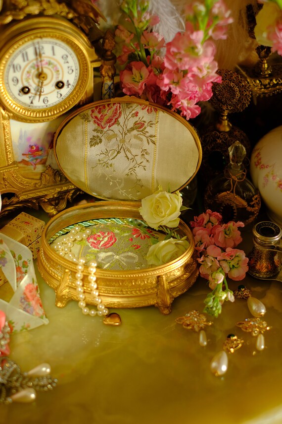 Antique French Brass Jewelry Box Casket Portrait Gem