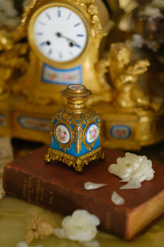 Antique Napoleon III French Blue Opaline Glass Perfume Bottle, Palais Royal Style, Ormolu