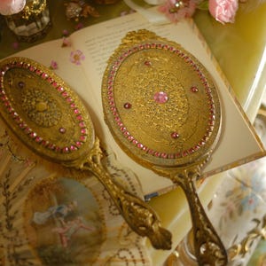 Antique Vanity Hand Mirror Hand Brush Set E&JB Empire Art Jeweled Pink