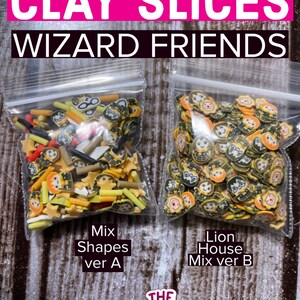May include: Two clear plastic bags filled with colorful clay slices. The bag on the left contains a mix of shapes, including stars, sticks, and small figures. The bag on the right contains a mix of lion-themed shapes. The text "CLAY SLICES WIZARD FRIENDS" is at the top of the image. The text "Mix Shapes ver A" is below the left bag. The text "Lion House Mix ver B" is below the right bag. The text "THE native Creative" is at the bottom of the image.