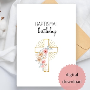 Tarjeta de cumpleaños bautismal imprimible, descarga instantánea. Tarjeta de cumpleaños de bautismo cristiano, tarjeta de aniversario de bautismo imprimible.