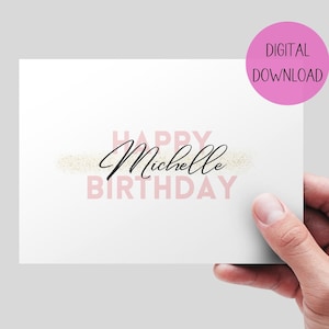 Birthday printable card. Personalised birthday card. Custom name. DIGITAL DOWNLOAD. Pink or blue letters. Add your name. 7x5 printable card.