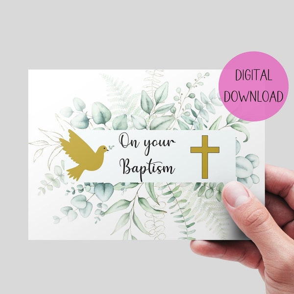 Baptism Printable Card, Instant Download . Christian Baptism Card, Printable Christian Baptism Card. Christening card. Botanical card.