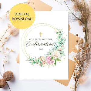 Deus o abençoe em seu cartão do dia da confirmação. Cartão imprimível | Cartão de confirmação floral | Cartão de confirmação ouro | Cartão Religioso. CARTÃO DIGITAL