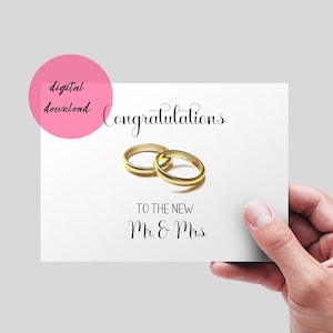 Parabéns Cartão de Casamento, DOWNLOAD DIGITAL. Cartão de aliança de casamento, cartão de casamento elegante, cartão 7x5 para impressão, download instantâneo. Novo senhor e senhora