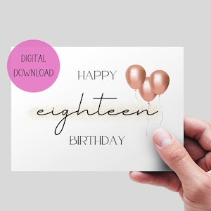 Carte imprimable pour 18e anniversaire. TÉLÉCHARGEMENT NUMÉRIQUE. Carte de 18e anniversaire en noir et or rose. Téléchargement numérique 5x7. Carte pour adolescent.