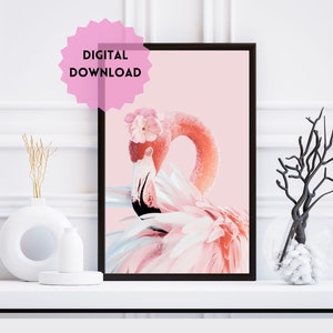 Pink flamingo printable wall art. DIGITAL DOWNLOAD.