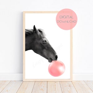 May include: A black and white illustration of a horse blowing a pink bubble. The horse is looking to the right and has a pink bubble coming out of its mouth.