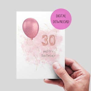 Carte imprimable 30 anniversaire. TÉLÉCHARGEMENT NUMÉRIQUE. Carte d'anniversaire 30e rose et or rose. Téléchargement numérique 5x7. Carte pour femme.