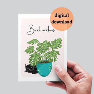 Tarjeta imprimible de gato negro y monstera. Mis mejores deseos DESCARGA DIGITAL. Tarjeta de felicitación 5x7.