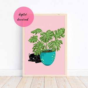 Cat Print, Cat Wall Art,Black Cat Art Printable. Monstera plant and black Cat, Funny Cat Print, DIGITAL DOWNLOAD, Boho Home and Cat Poster